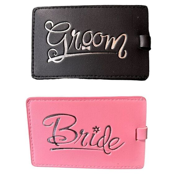 Bride & Groom Wedding Luggage Tags Pink & Black NWT - Picture 1 of 4